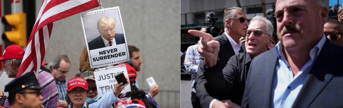 photo: trump supporters outside the NY Court for Hush money trial RT: robert de niro seen arguing with pro trump supporter